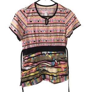 Koi light pink yellow blue geometric pixel print scrub stop size XS